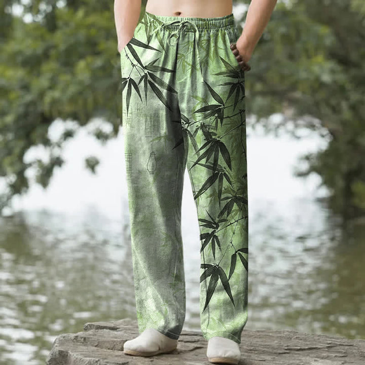 Buddha Stones Cotton Ink Bamboo Leaf Pattern Men's Tapered Pants With Pockets - PaleGreen - US/UK/AU50，EU60 (5XL) - image 0