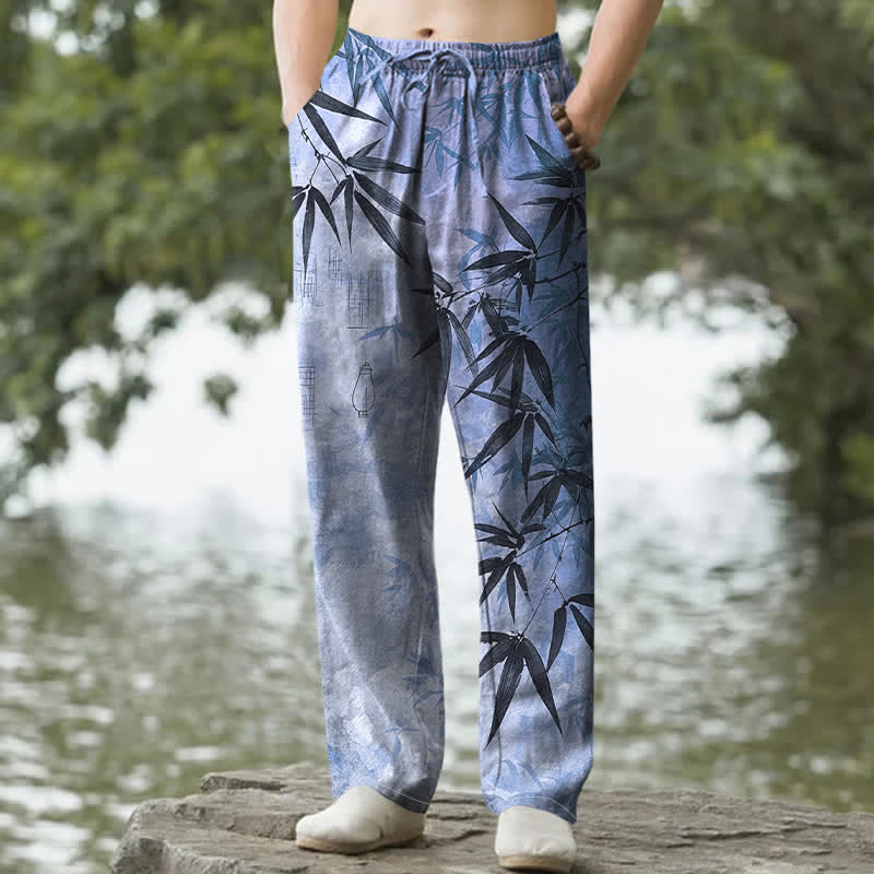 Buddha Stones Cotton Ink Bamboo Leaf Pattern Men's Tapered Pants With Pockets - LightBlue - US/UK/AU50，EU60 (5XL) - image 8