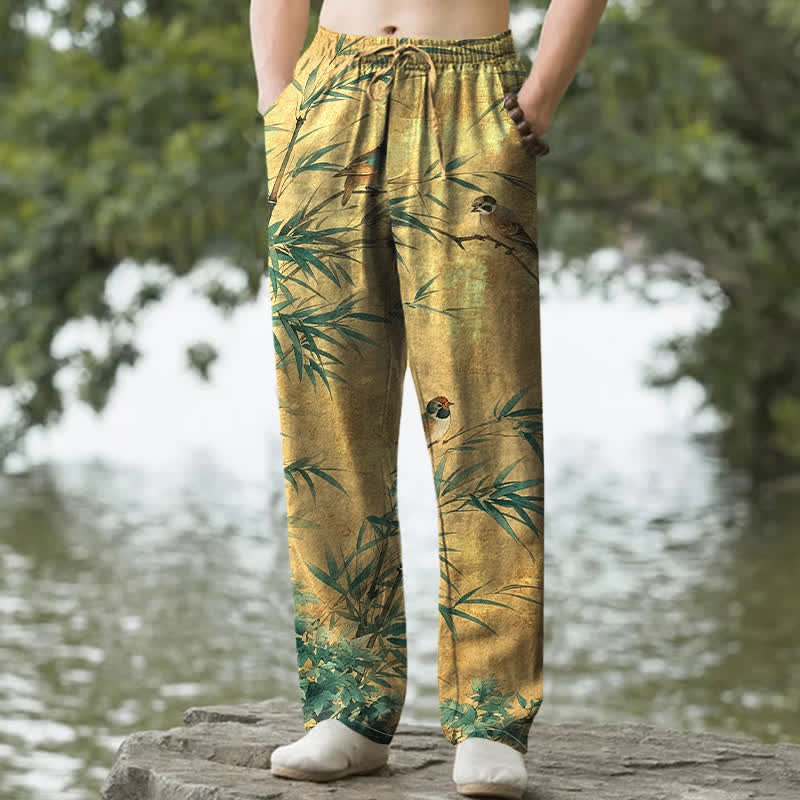 Buddha Stones Cotton Bamboo Bird Pattern Men's Tapered Pants With Pockets - Goldenrod - US/UK/AU50，EU60 (5XL) - image 4