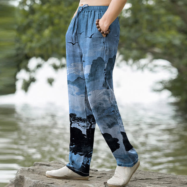 Buddha Stones Cotton Ink Landscape Pattern Men's Tapered Pants With Pockets - image 9