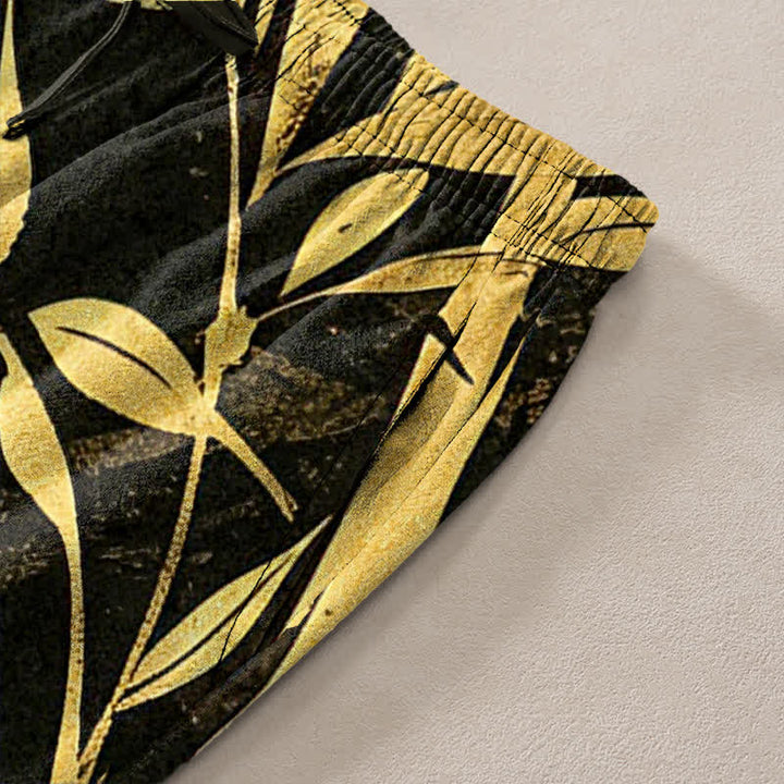 Buddha Stones Cotton Golden Bamboo Leaf Pattern Men's Tapered Pants With Pockets - image 3