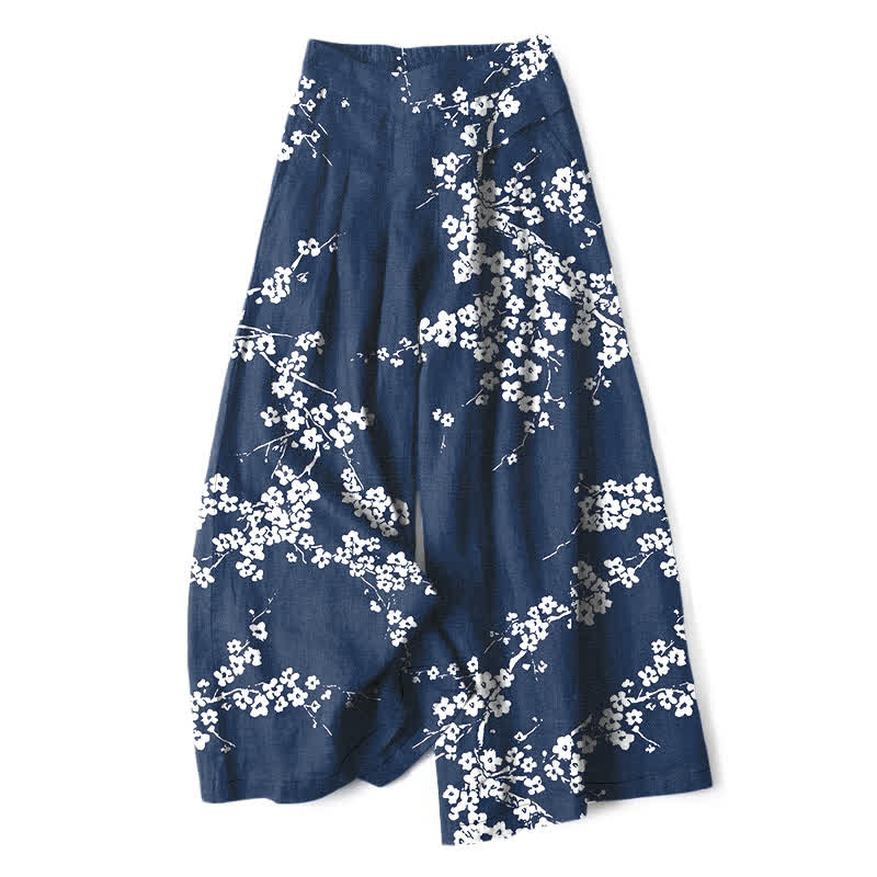 Buddha Stones Cotton Linen White Sakura Branch Pattern Women's Elastic Waist Wide Leg Pants With Pockets - Navy - US16，UK/AU20，EU48 (3XL) - image 0