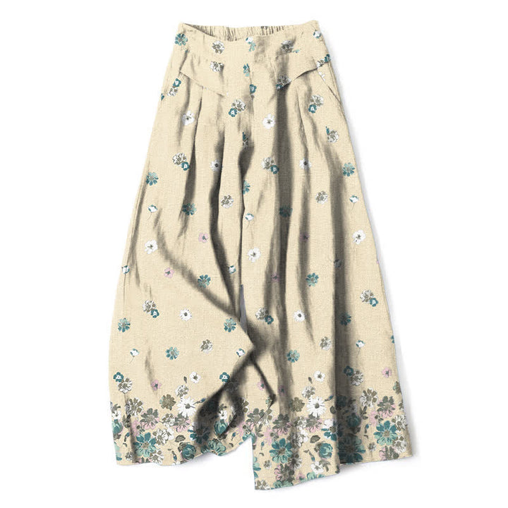 Buddha Stones Cotton Linen Vintage Daisy Floral Pattern Women's Elastic Waist Wide Leg Pants With Pockets - Beige - US16，UK/AU20，EU48 (3XL) - image 6