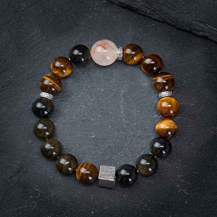 Buddha Stones Tiger Eye Gold Sheen Obsidian Inclusion Quartz Bead Protection Bracelet - image 1