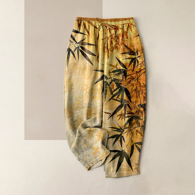 Buddha Stones Pure Cotton Ink Bamboo Pattern Women's Elastic Waist Pants With Pockets - Gold - US16，UK/AU20，EU48 (3XL) - image 3