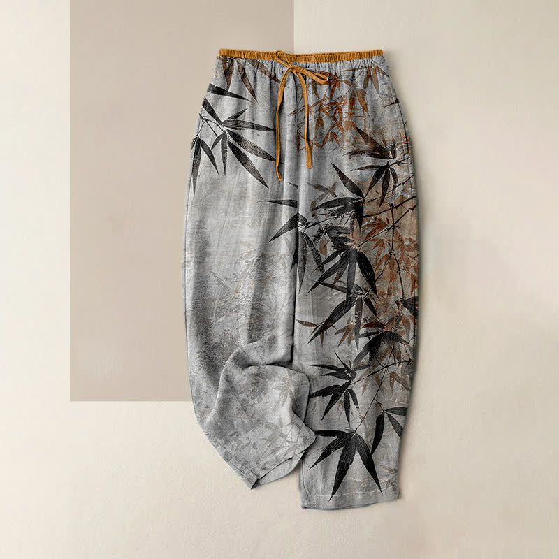 Buddha Stones Pure Cotton Ink Bamboo Pattern Women's Elastic Waist Pants With Pockets - LightGrey - US16，UK/AU20，EU48 (3XL) - image 4