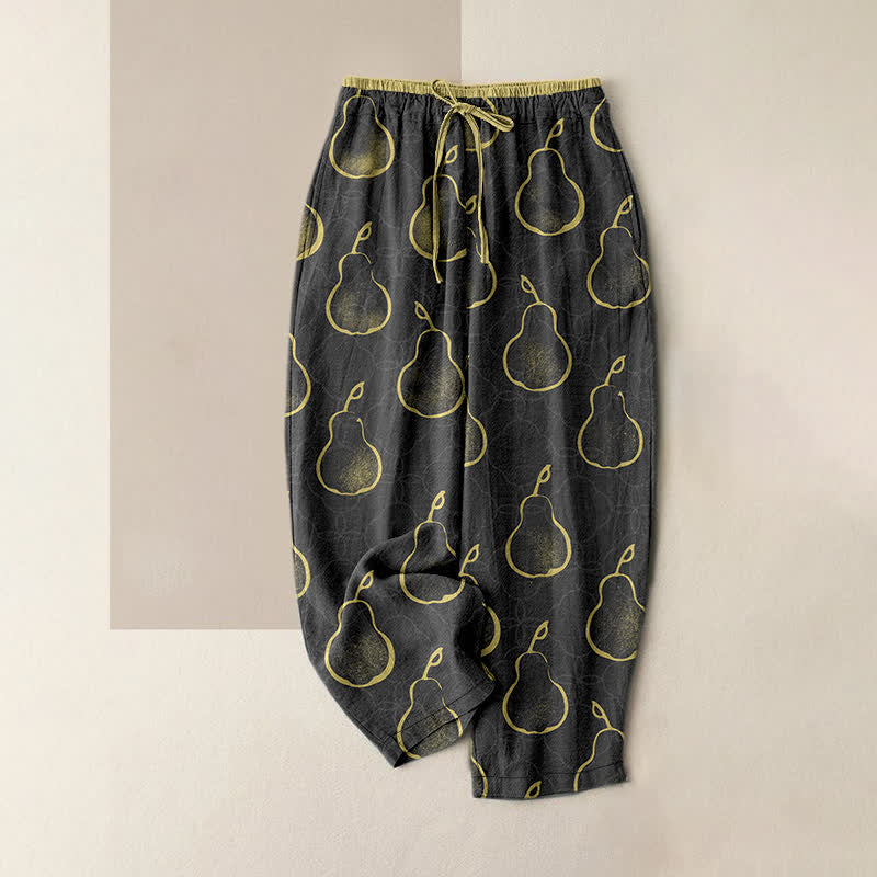 Buddha Stones Pure Cotton Delicate Pear Pattern Women's Elastic Waist Pants With Pockets - Black - US16，UK/AU20，EU48 (3XL) - image 4