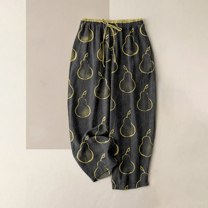 Buddha Stones Pure Cotton Delicate Pear Pattern Women's Elastic Waist Pants With Pockets - Black - US16，UK/AU20，EU48 (3XL) - image 4