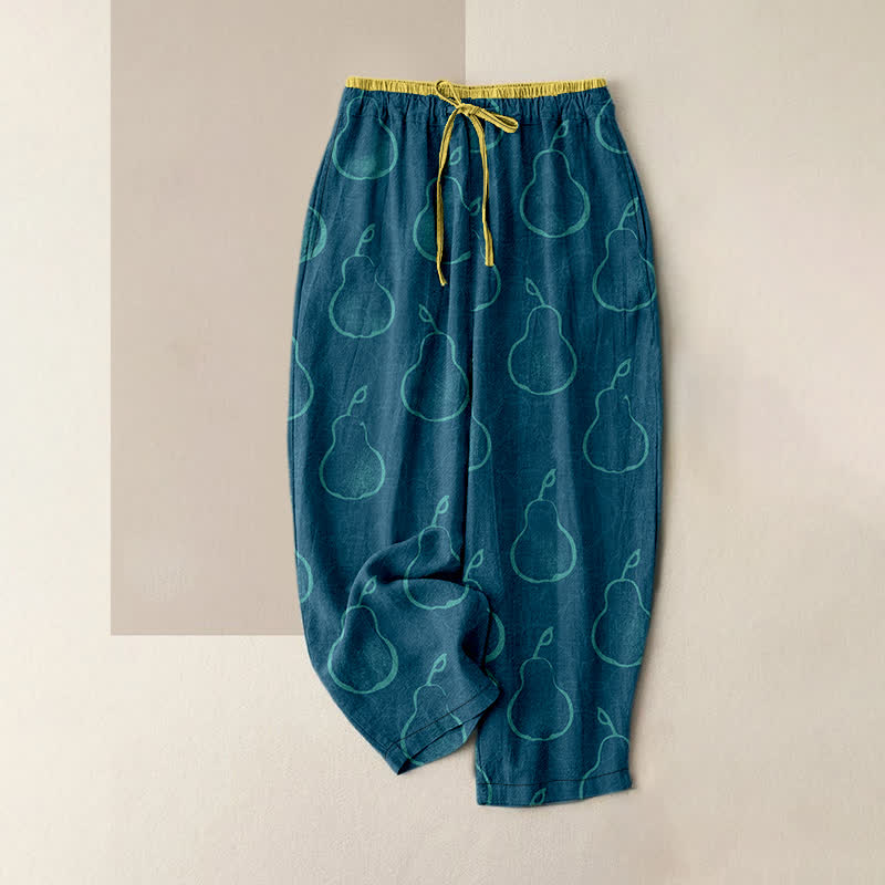 Buddha Stones Pure Cotton Delicate Pear Pattern Women's Elastic Waist Pants With Pockets - SteelBlue - US16，UK/AU20，EU48 (3XL) - image 5