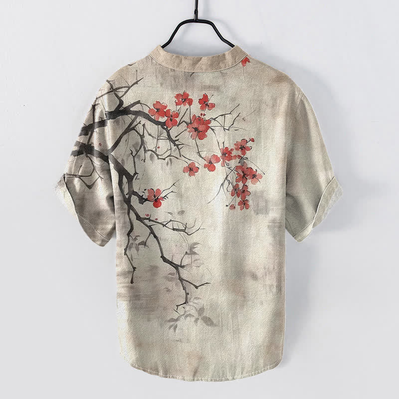 Buddha Stones Cotton Plum Blossom Branch Pattern Men's Short Sleeve Half Button Shirt - image 1