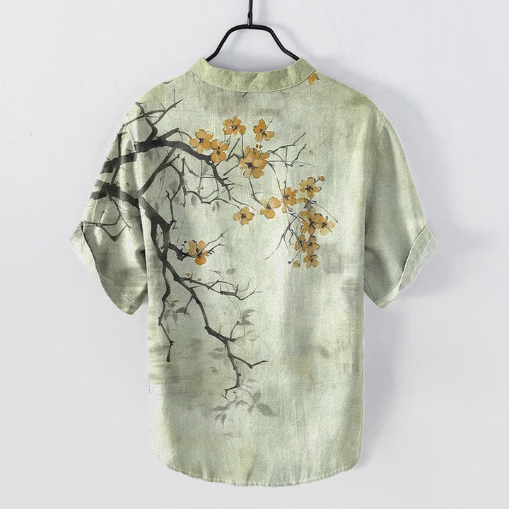 Buddha Stones Cotton Plum Blossom Branch Pattern Men's Short Sleeve Half Button Shirt - image 4