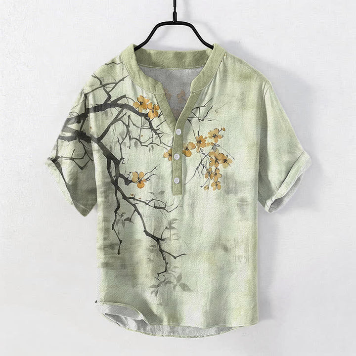 Buddha Stones Cotton Plum Blossom Branch Pattern Men's Short Sleeve Half Button Shirt - PaleGreen - US/UK/AU50，EU60 (5XL) - image 3