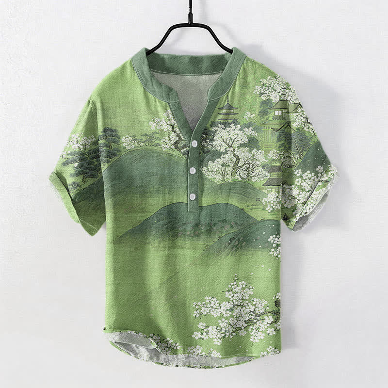 Buddha Stones Cotton Mountain Blossom Pattern Men's Short Sleeve Half Button Shirt - LightGreen - US/UK/AU50，EU60 (5XL) - image 5