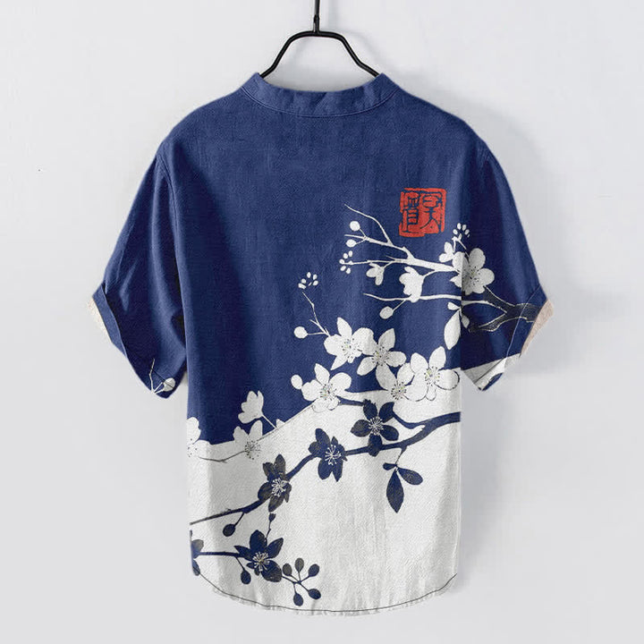 Buddha Stones Cotton Plum Blossom Branch Pattern Men's Short Sleeve Half Button Shirt - image 6