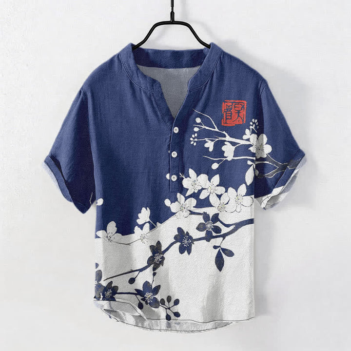 Buddha Stones Cotton Plum Blossom Branch Pattern Men's Short Sleeve Half Button Shirt - Navy - US/UK/AU50，EU60 (5XL) - image 5