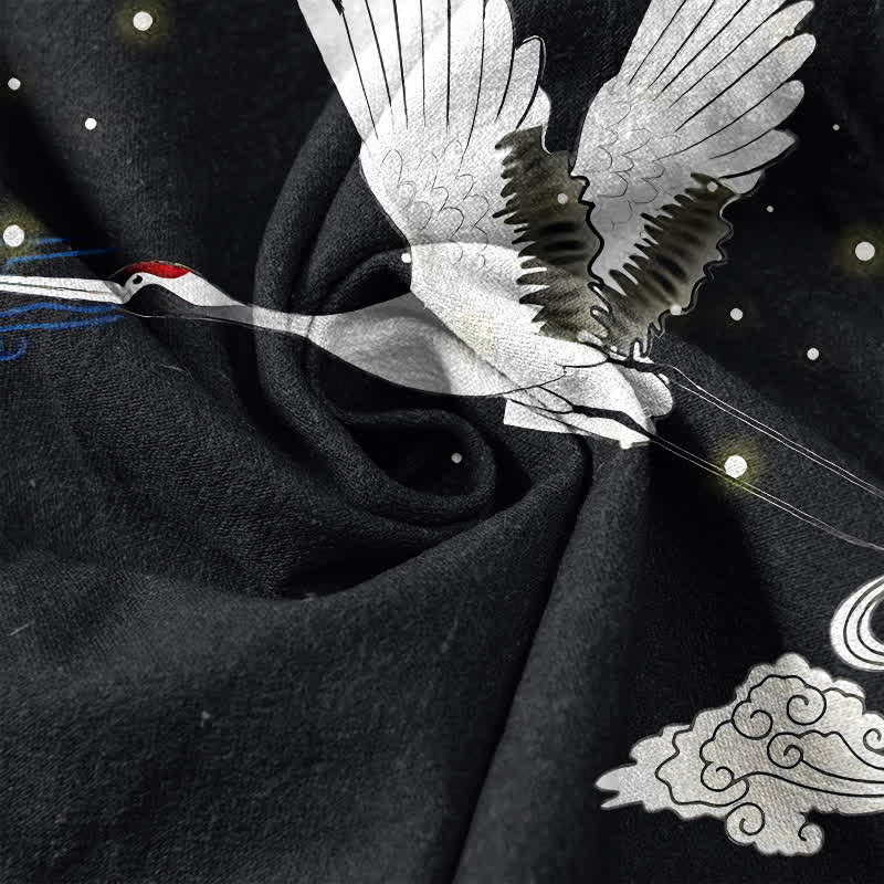 Buddha Stones Cotton Flying Crane Cloud Pattern Men's Short Sleeve Half Button Shirt - image 4