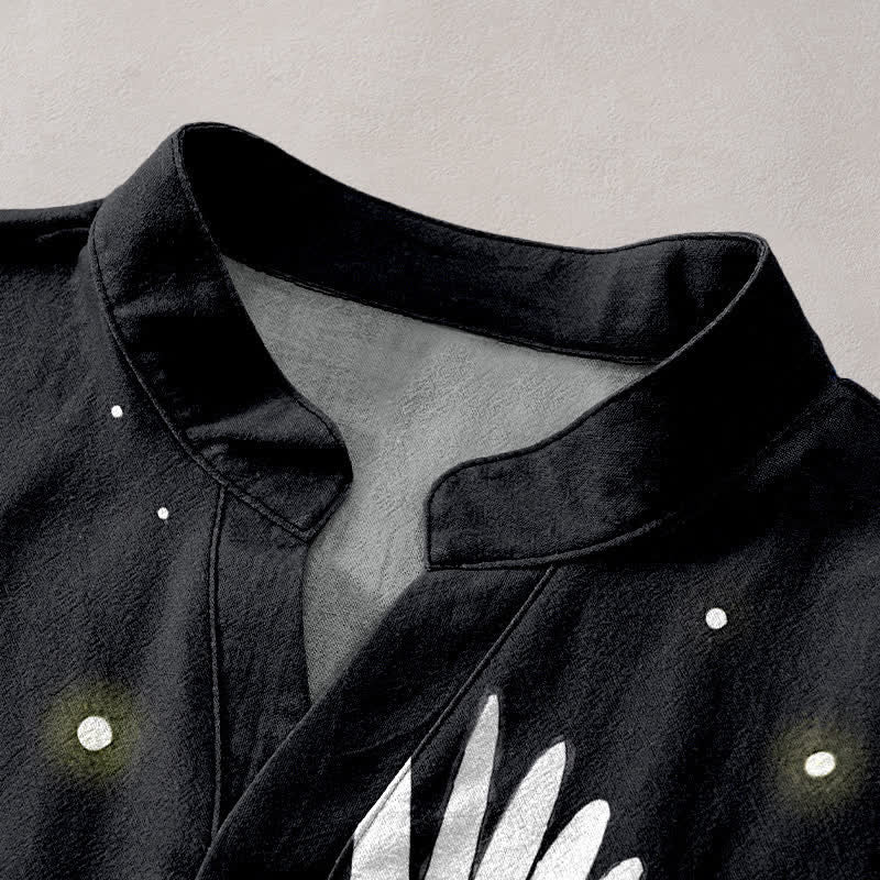 Buddha Stones Cotton Flying Crane Cloud Pattern Men's Short Sleeve Half Button Shirt - image 2