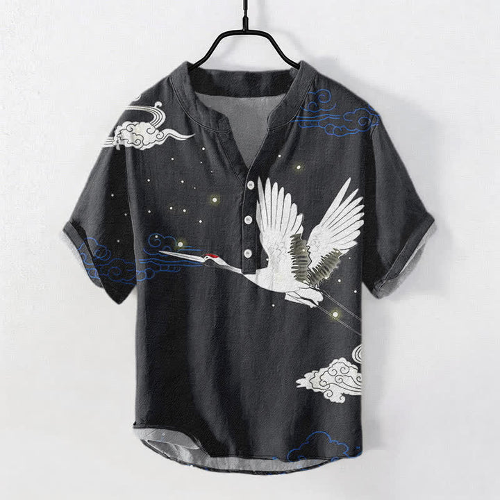 Buddha Stones Cotton Flying Crane Cloud Pattern Men's Short Sleeve Half Button Shirt - Black - US/UK/AU50，EU60 (5XL) - image 0