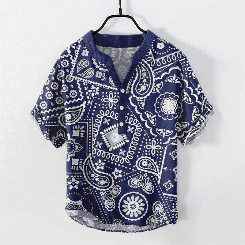 Buddha Stones Cotton Classic White Paisley Pattern Men's Short Sleeve Half Button Shirt - Navy - US/UK/AU50，EU60 (5XL) - image 5