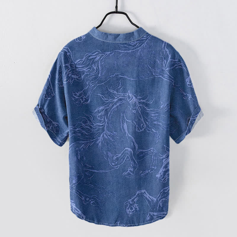 Buddha Stones Cotton Running Horse Line Pattern Men's Short Sleeve Half Button Shirt - image 6