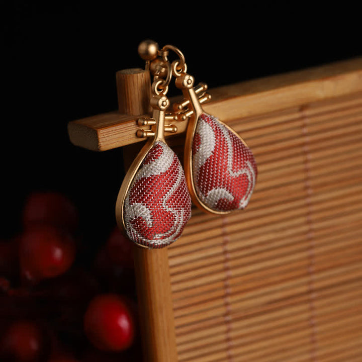 Buddha Stones Song Brocade White Patterns Pipa-Shaped Design Harmony Teardrop Earrings - Song Brocade (Prosperity♥Harmony) - image 0
