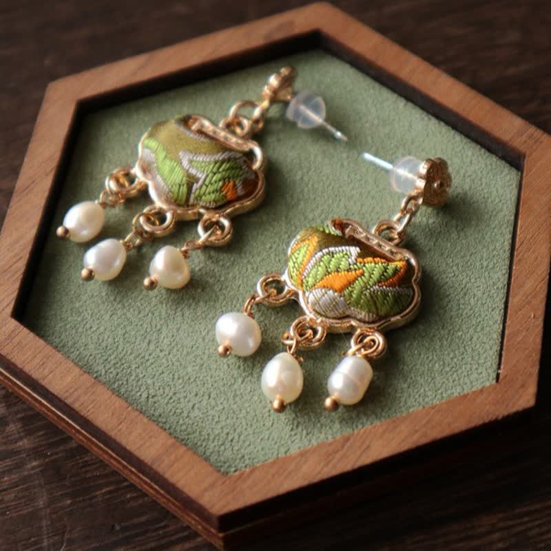 Buddha Stones Song Brocade Handcrafted Silk Art Peace Lock Pearl Protection Drop Earrings - image 4