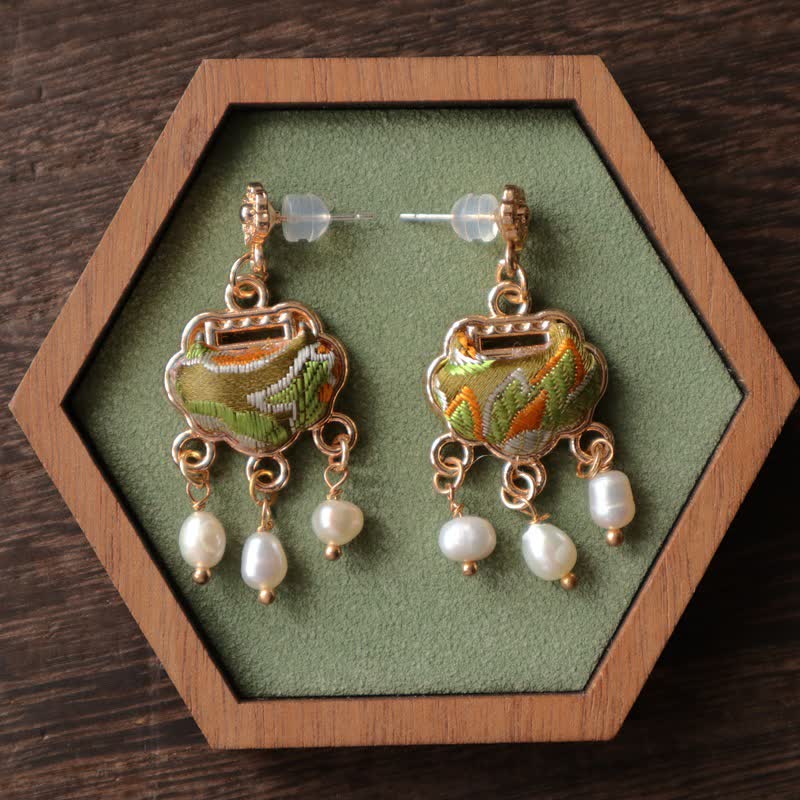 Buddha Stones Song Brocade Handcrafted Silk Art Peace Lock Pearl Protection Drop Earrings - image 1