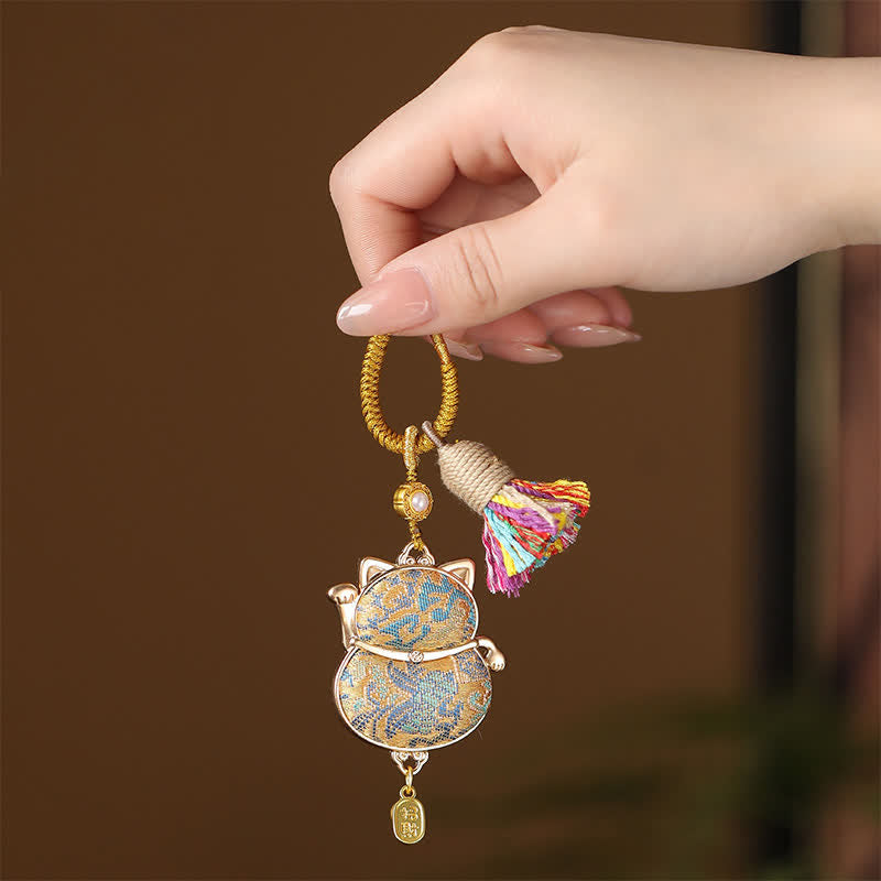 Buddha Stones Song Brocade Lucky Cat Wealth Tassel String Keychain - Gold - image 3