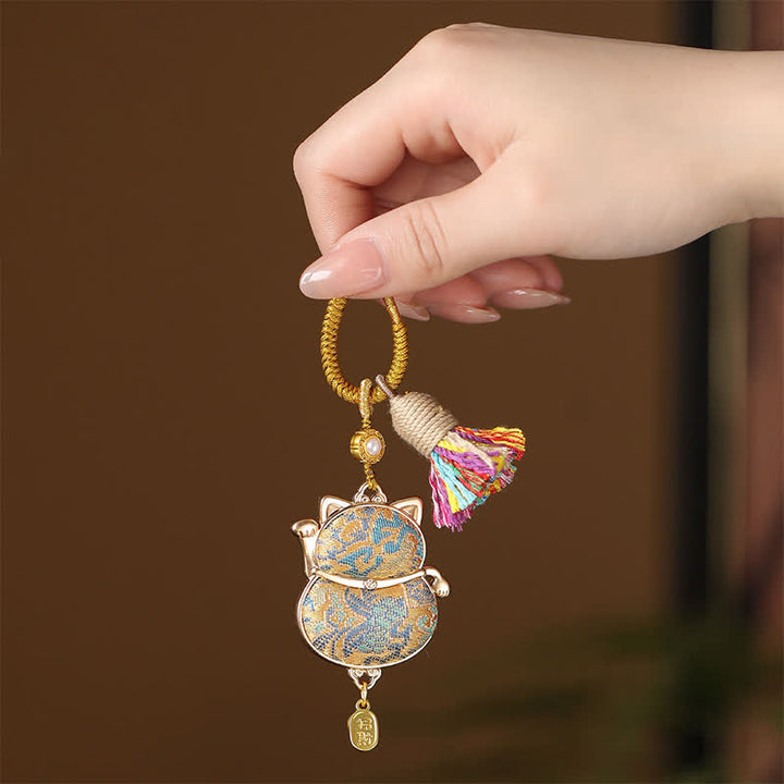 Buddha Stones Song Brocade Lucky Cat Wealth Tassel String Keychain - Gold - image 3