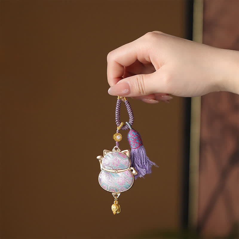 Buddha Stones Song Brocade Lucky Cat Wealth Tassel String Keychain - Thistle - image 1