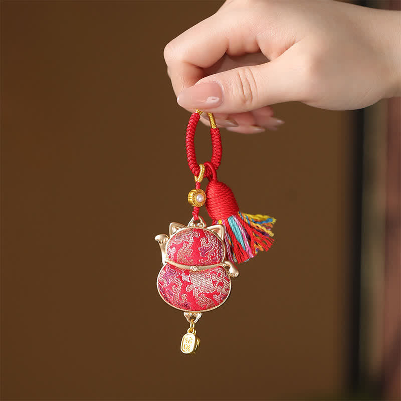 Buddha Stones Song Brocade Lucky Cat Wealth Tassel String Keychain - Red - image 0