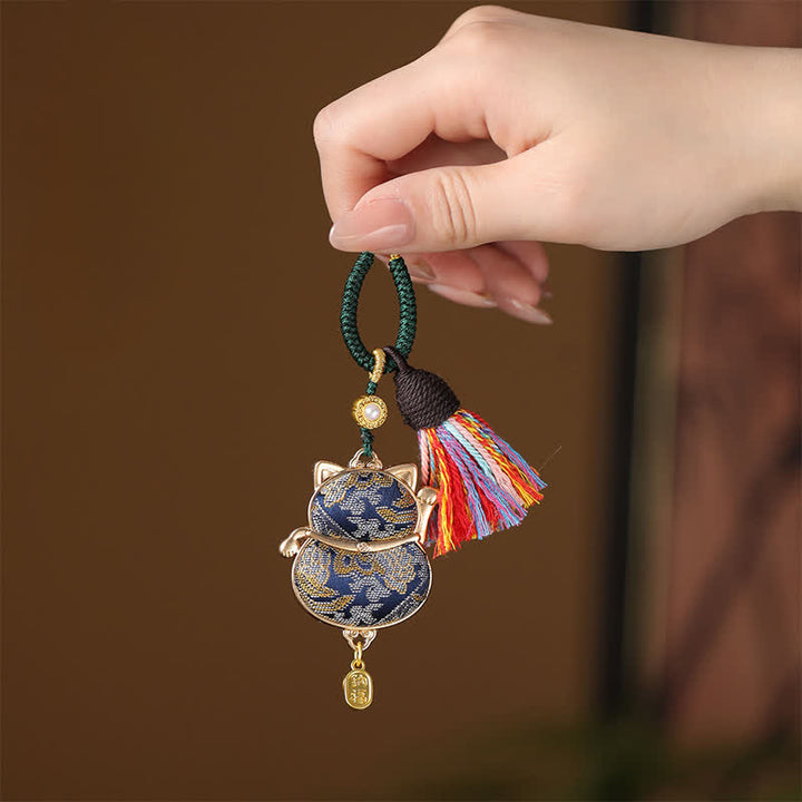 Buddha Stones Song Brocade Lucky Cat Wealth Tassel String Keychain - DarkBlue - image 4