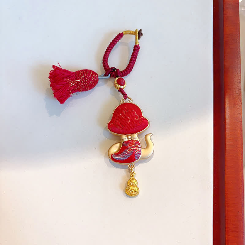 Buddha Stones Song Brocade Handmade Chinese Zodiac Tassel Lucky Keychain - Snake - Red - image 27