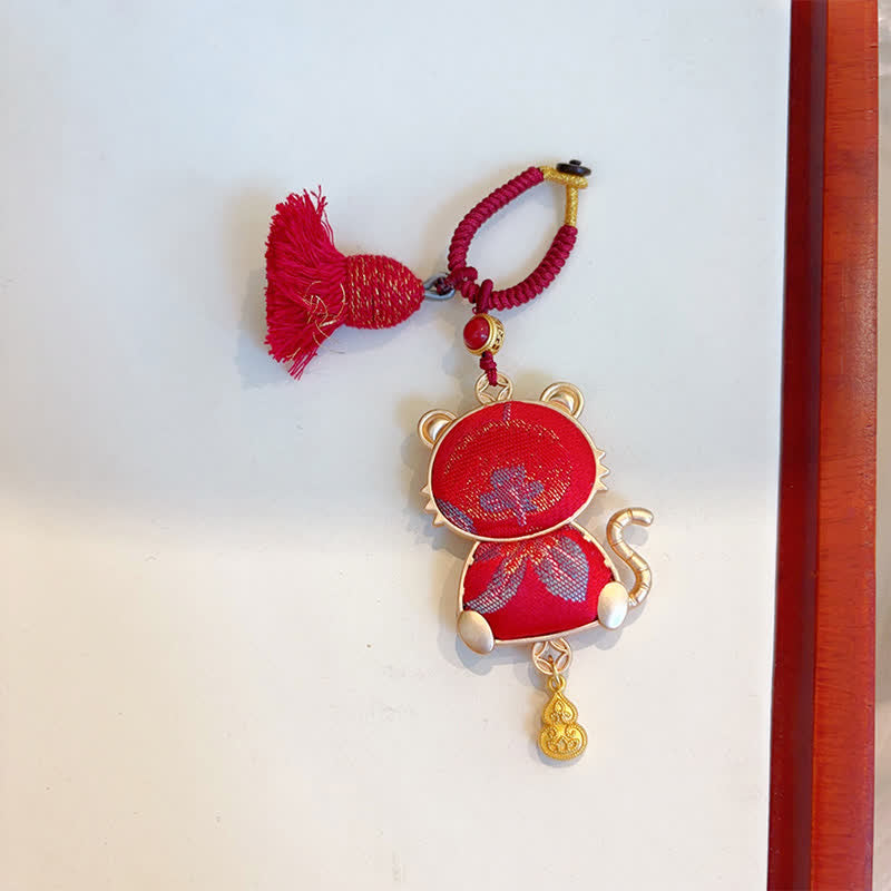 Buddha Stones Song Brocade Handmade Chinese Zodiac Tassel Lucky Keychain - Tiger - Red - image 21
