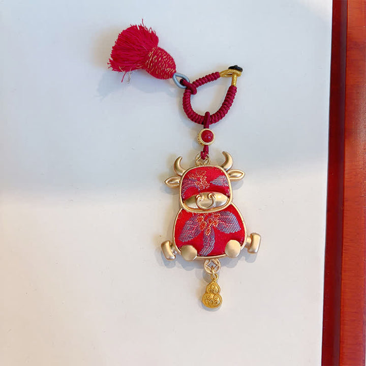 Buddha Stones Song Brocade Handmade Chinese Zodiac Tassel Lucky Keychain - Ox - Red - image 19