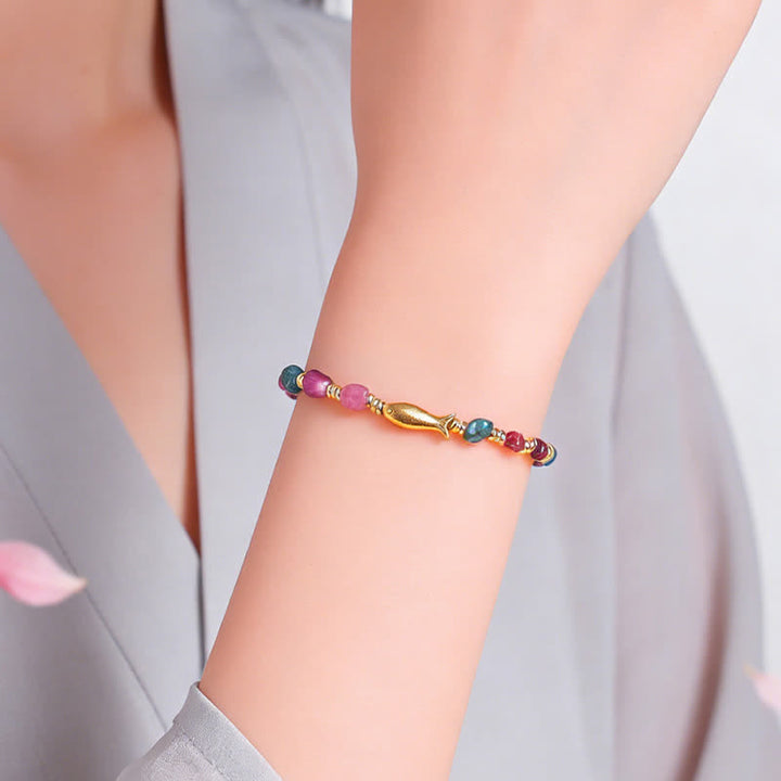 Buddha Stones Rainbow Tourmaline Koi Fish Positive Rough Cut Bracelet - image 8