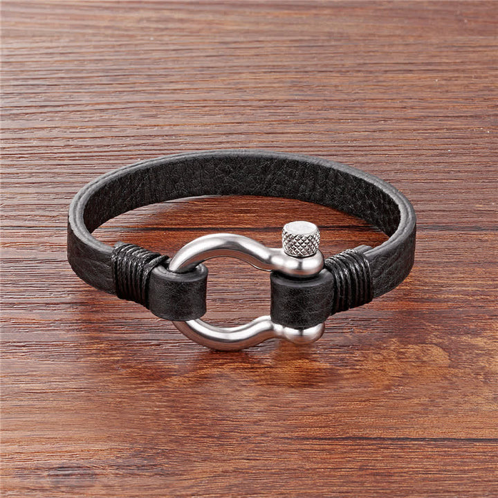 Buddha Stones Leather Titanium Steel Shackle Strength Bracelet - Black Leather Silvery Buckle(Wrist Circumference:18–19 cm) - image 3