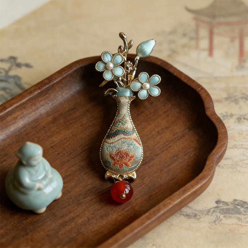 Buddha Stones Song Brocade Flower Vase Design Elegant Brooch - image 2