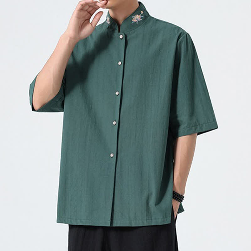 Buddha Stones Summer Tang Style Mandarin Collar Lotus Embroidery Solid Men's Shirts - image 6