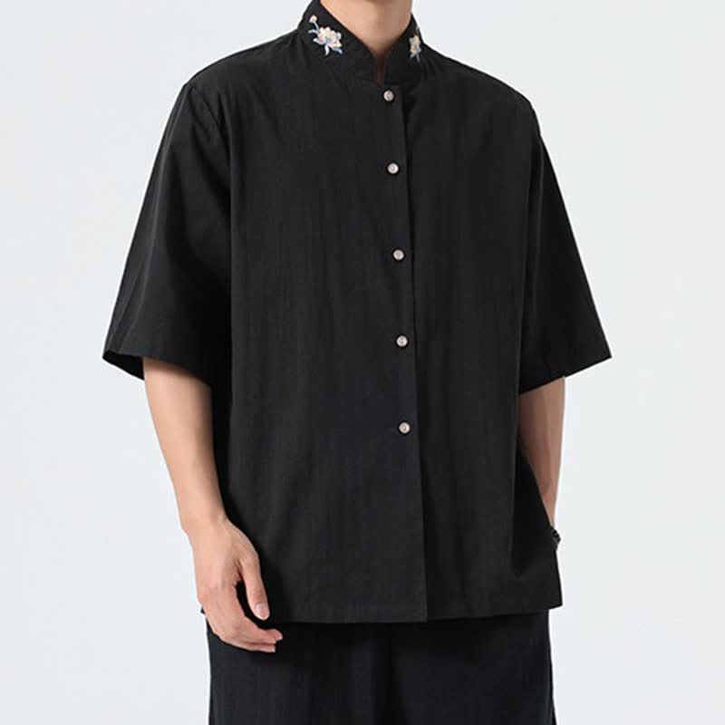 Buddha Stones Summer Tang Style Mandarin Collar Lotus Embroidery Solid Men's Shirts - image 14