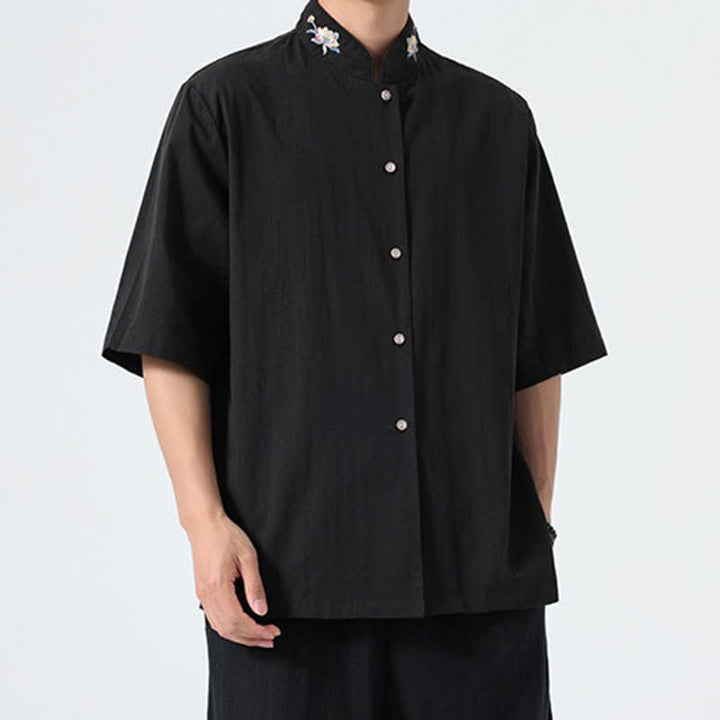 Buddha Stones Summer Tang Style Mandarin Collar Lotus Embroidery Solid Men's Shirts - image 14
