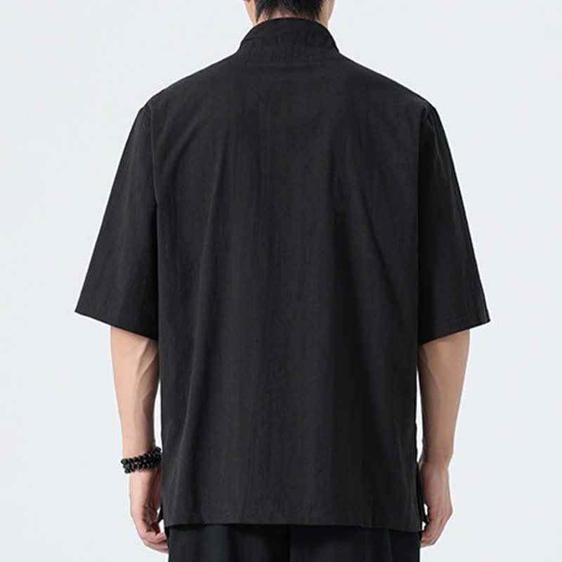 Buddha Stones Summer Tang Style Mandarin Collar Lotus Embroidery Solid Men's Shirts - image 12