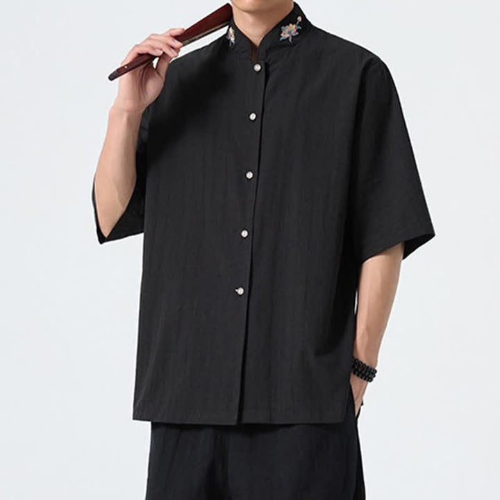 Buddha Stones Summer Tang Style Mandarin Collar Lotus Embroidery Solid Men's Shirts - image 15