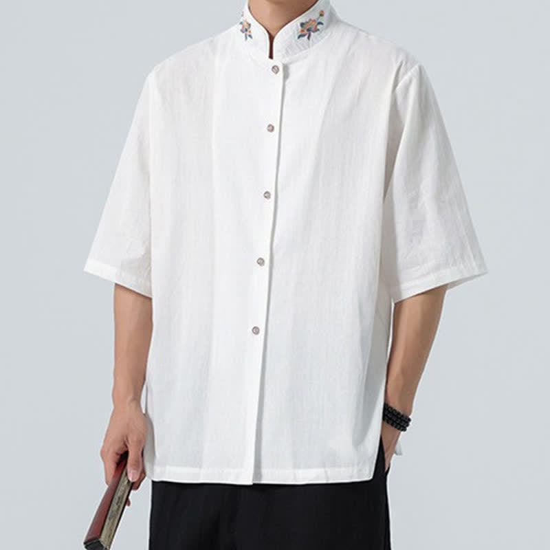 Buddha Stones Summer Tang Style Mandarin Collar Lotus Embroidery Solid Men's Shirts - image 23
