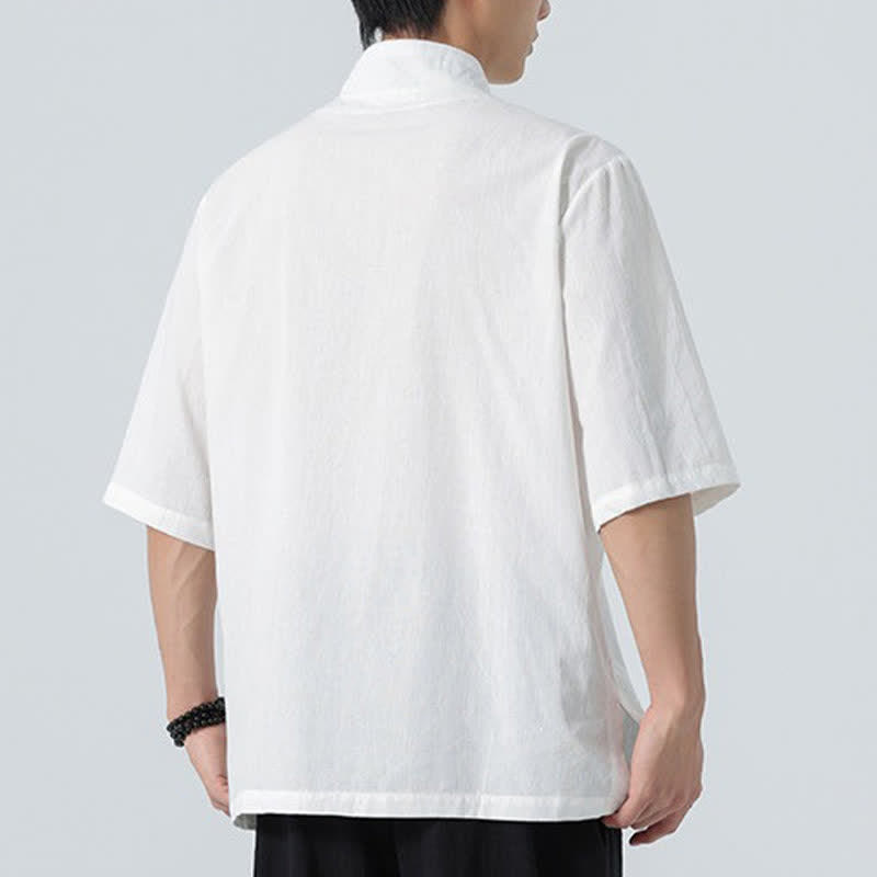 Buddha Stones Summer Tang Style Mandarin Collar Lotus Embroidery Solid Men's Shirts - image 20