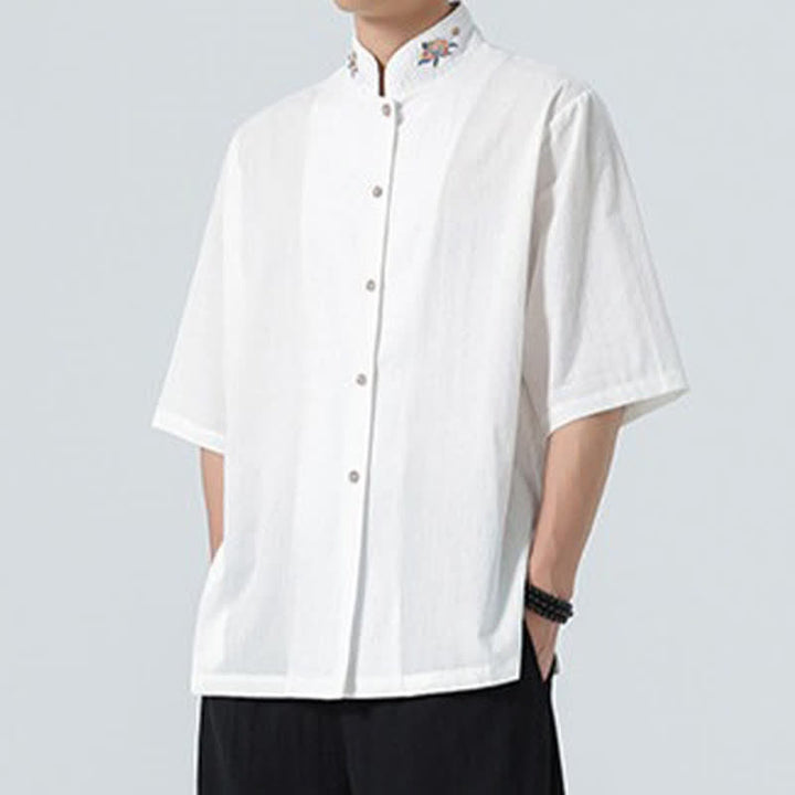 Buddha Stones Summer Tang Style Mandarin Collar Lotus Embroidery Solid Men's Shirts - image 19