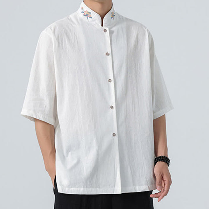 Buddha Stones Summer Tang Style Mandarin Collar Lotus Embroidery Solid Men's Shirts - image 17