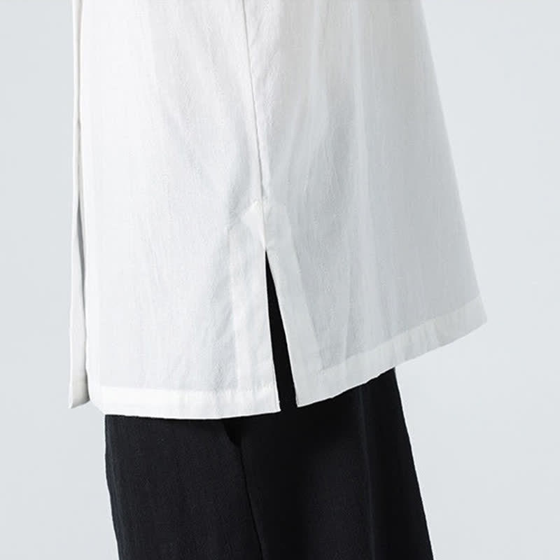 Buddha Stones Summer Tang Style Mandarin Collar Lotus Embroidery Solid Men's Shirts - image 27