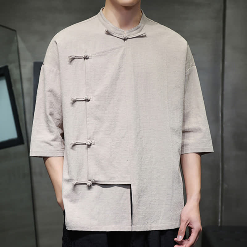 Buddha Stones Summer Tang Style Mandarin Collar Frog Button Solid Short Sleeve Men's Shirts - image 4