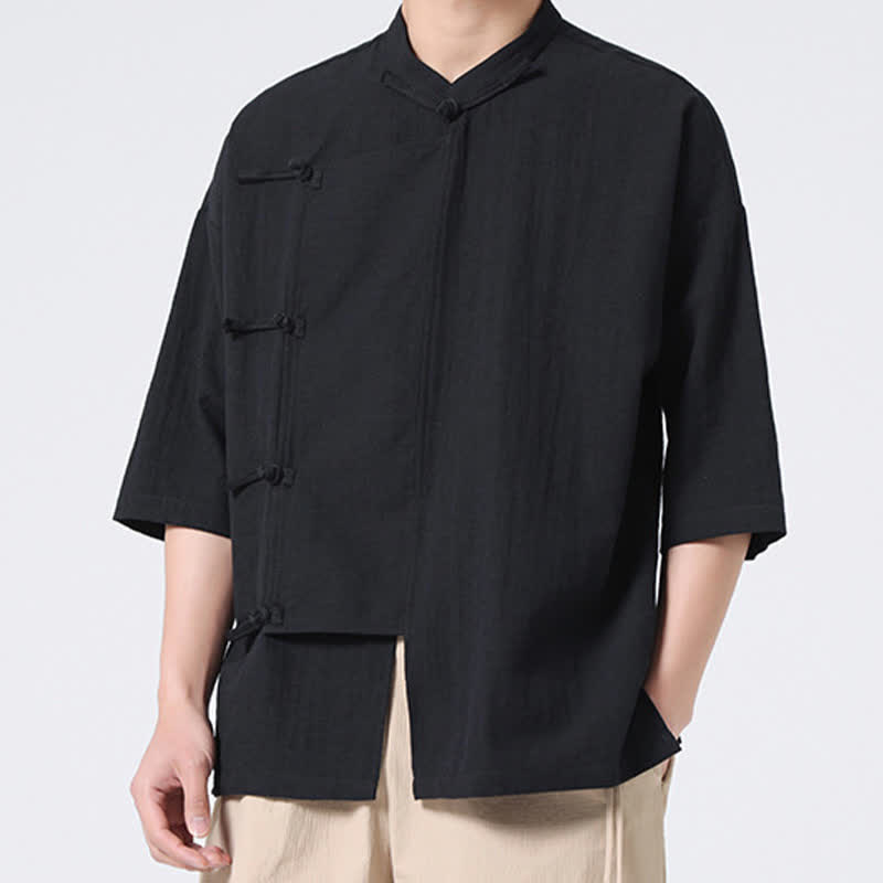 Buddha Stones Summer Tang Style Mandarin Collar Frog Button Solid Short Sleeve Men's Shirts - image 15